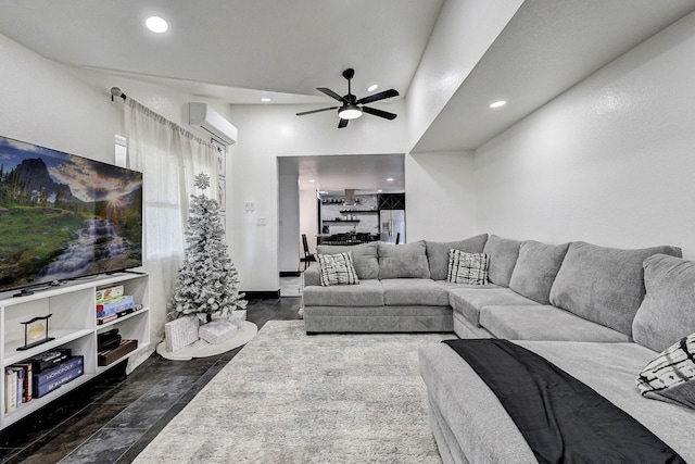 living room featuring a wall mounted air conditioner, a high ceiling, ceiling fan, and dark wood-type flooring