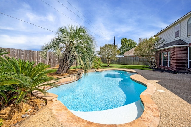 view of swimming pool featuring a lawn