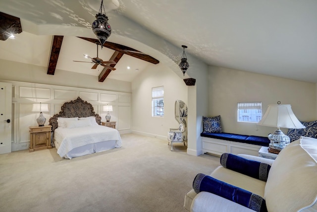 carpeted bedroom with beamed ceiling, baseboards, high vaulted ceiling, and a ceiling fan