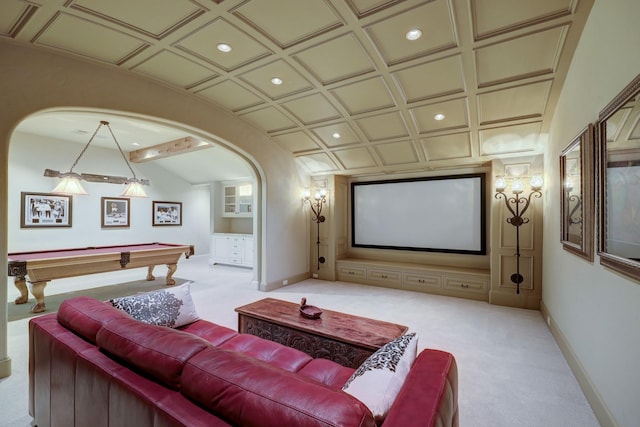 carpeted home theater with pool table