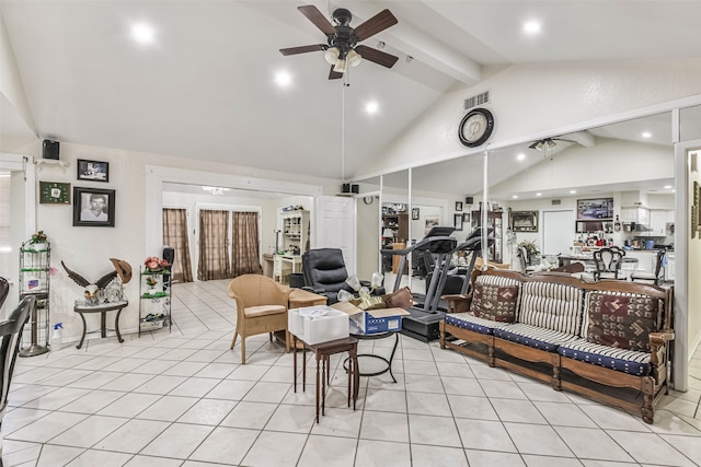 living room featuring ceiling fan, light tile patterned floors, and lofted ceiling with beams