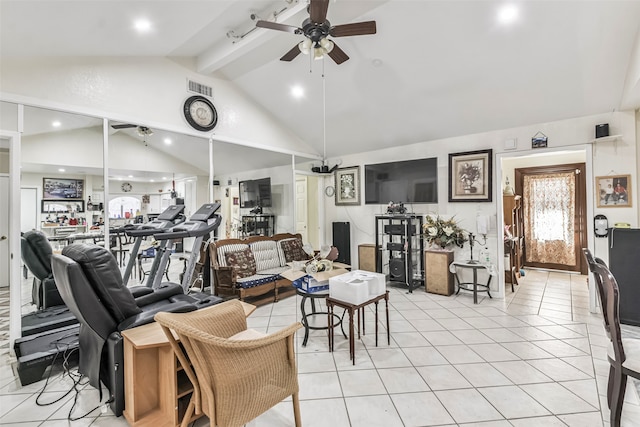 living room featuring vaulted ceiling with beams, ceiling fan, and light tile patterned flooring