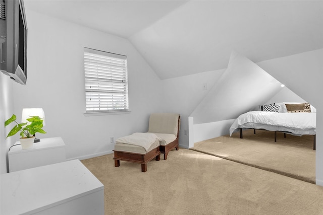 bedroom featuring carpet floors and vaulted ceiling