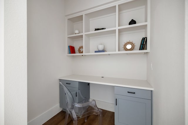 home office featuring built in desk and dark hardwood / wood-style floors