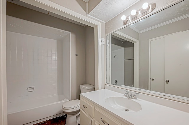 full bathroom featuring vanity, toilet, washtub / shower combination, and crown molding