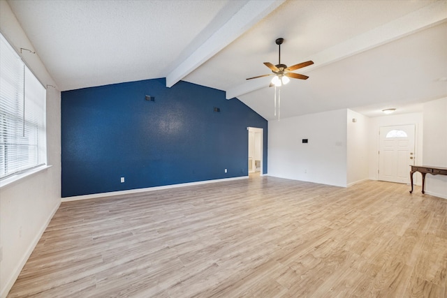 unfurnished living room with lofted ceiling with beams, ceiling fan, and light hardwood / wood-style flooring