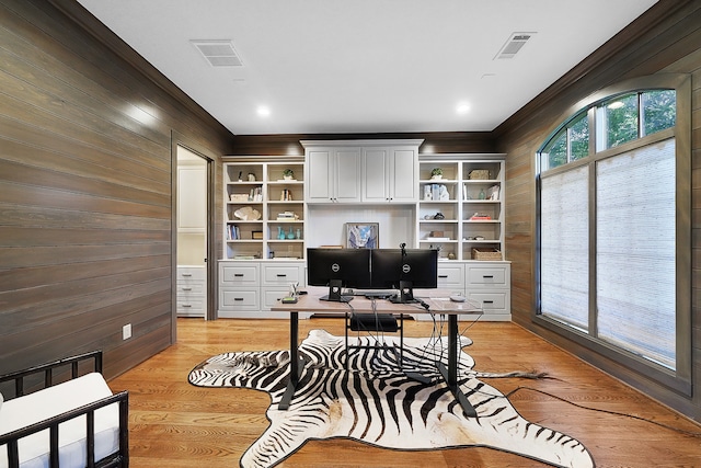 office featuring wooden walls and light hardwood / wood-style flooring