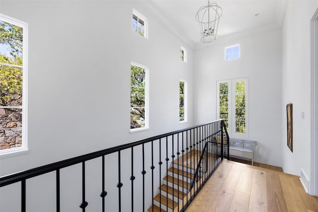 hall featuring crown molding, light hardwood / wood-style floors, a high ceiling, and an inviting chandelier