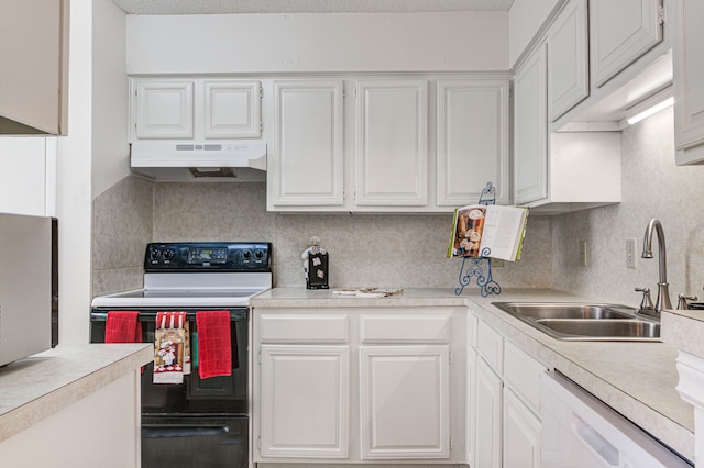 kitchen with white cabinets, backsplash, white appliances, and sink