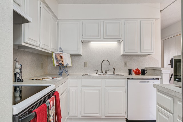 kitchen featuring white cabinetry, dishwasher, range with electric cooktop, sink, and backsplash