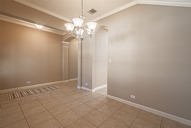 unfurnished room with a chandelier, light tile patterned floors, lofted ceiling, and crown molding