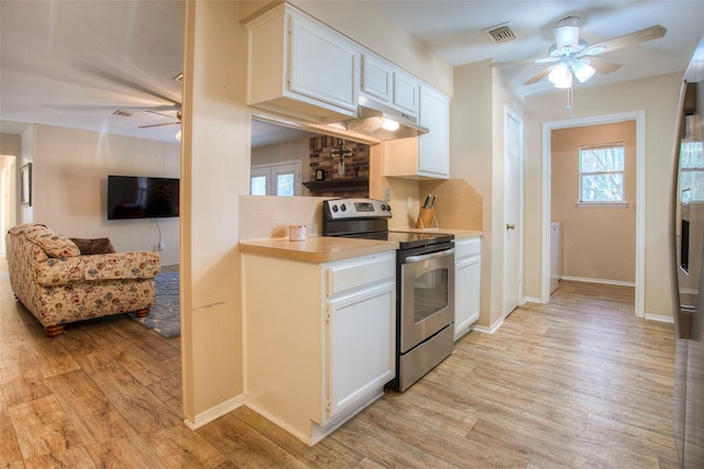 kitchen with white cabinetry, ceiling fan, light wood finished floors, and stainless steel electric stove