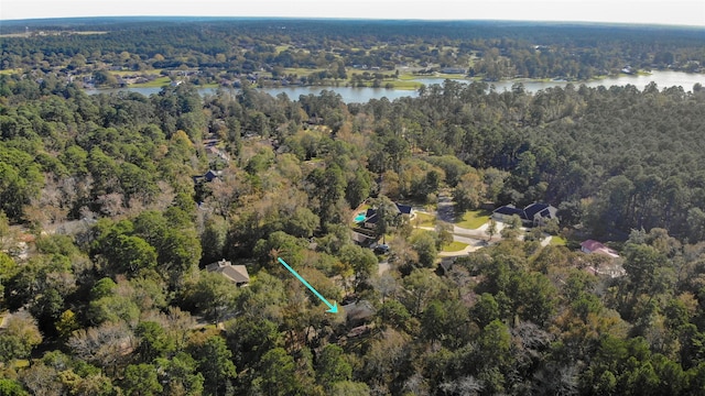 bird's eye view featuring a water view and a view of trees