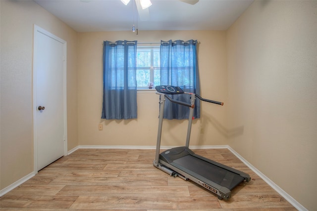 workout area with hardwood / wood-style flooring and ceiling fan