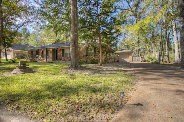 ranch-style home featuring covered porch and a front lawn