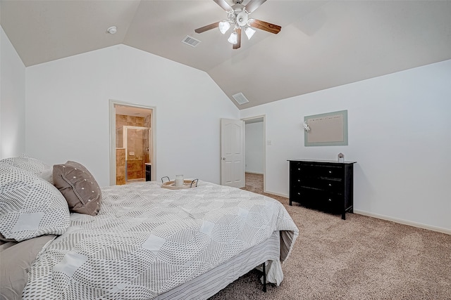 carpeted bedroom with ceiling fan, connected bathroom, and vaulted ceiling