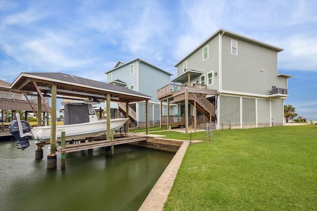 view of dock with a water view, a yard, and central air condition unit