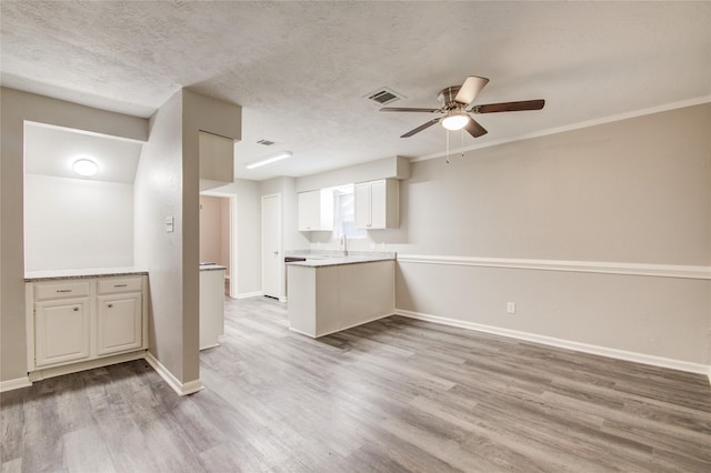 kitchen with a textured ceiling, light hardwood / wood-style flooring, ceiling fan, and sink