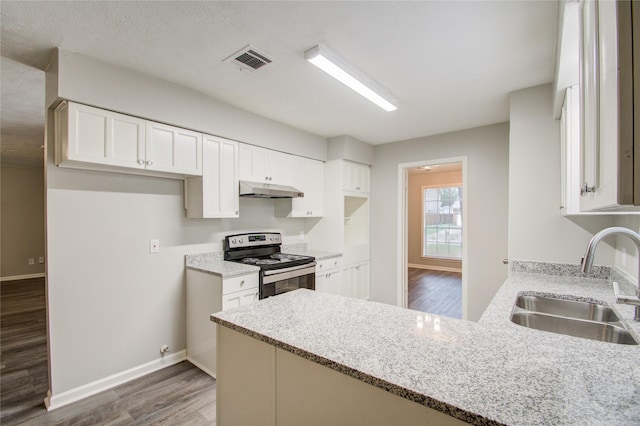 kitchen featuring kitchen peninsula, sink, white cabinets, dark hardwood / wood-style floors, and stainless steel electric range oven