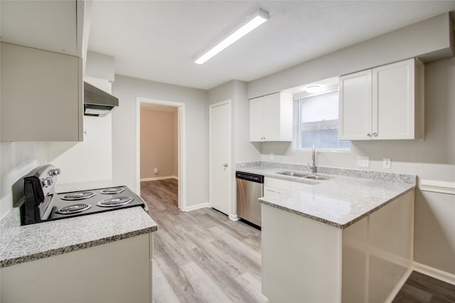 kitchen with dishwasher, sink, light hardwood / wood-style floors, electric stove, and white cabinets