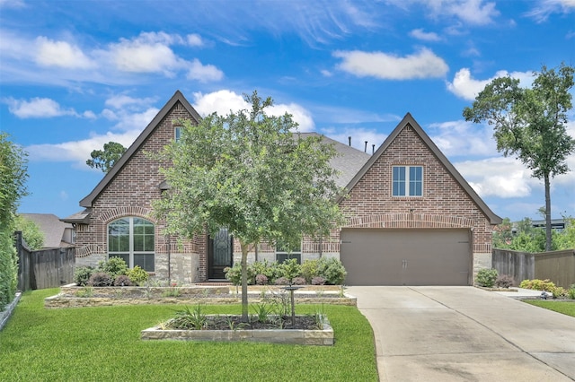 tudor house with a front yard and a garage