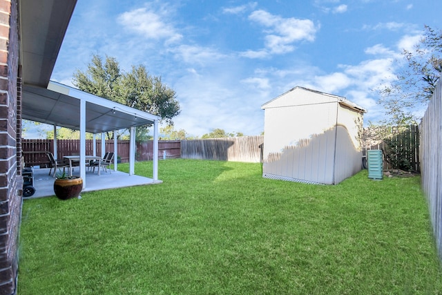 view of yard with a storage unit and a patio area