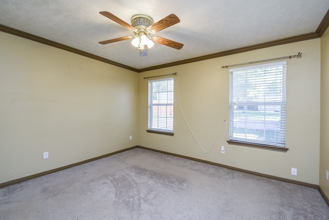 carpeted spare room with ceiling fan, ornamental molding, and a textured ceiling