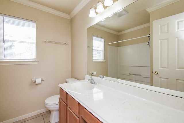 bathroom with tile patterned flooring, vanity, toilet, and ornamental molding