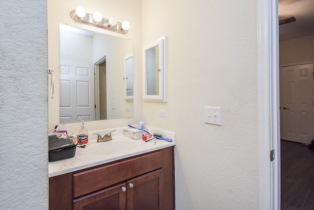 bathroom with wood-type flooring and vanity