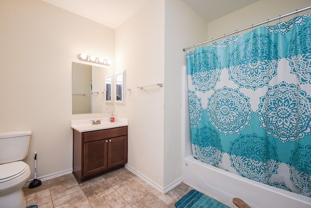 full bathroom featuring tile patterned flooring, vanity, shower / tub combo, and toilet