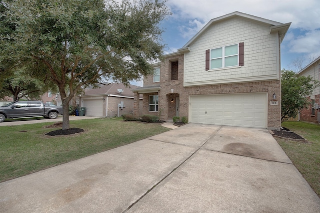 front of property with a garage and a front lawn