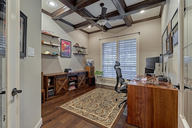 office space with crown molding, wood-type flooring, a ceiling fan, coffered ceiling, and beamed ceiling