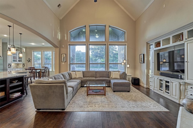 living area featuring dark wood-style flooring, visible vents, ornamental molding, high vaulted ceiling, and baseboards