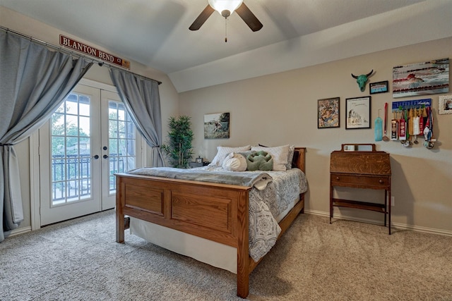 bedroom featuring ceiling fan, light carpet, vaulted ceiling, access to outside, and french doors