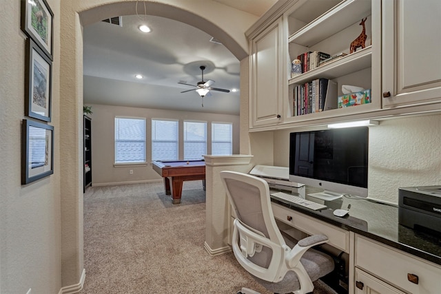 office area with ceiling fan, built in desk, light carpet, and billiards