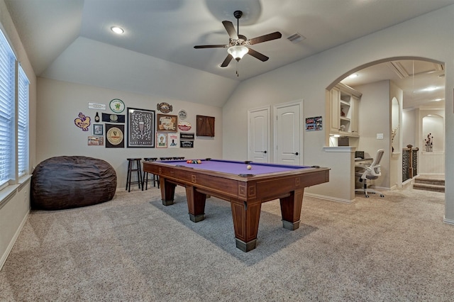 game room with ceiling fan, carpet, lofted ceiling, and pool table