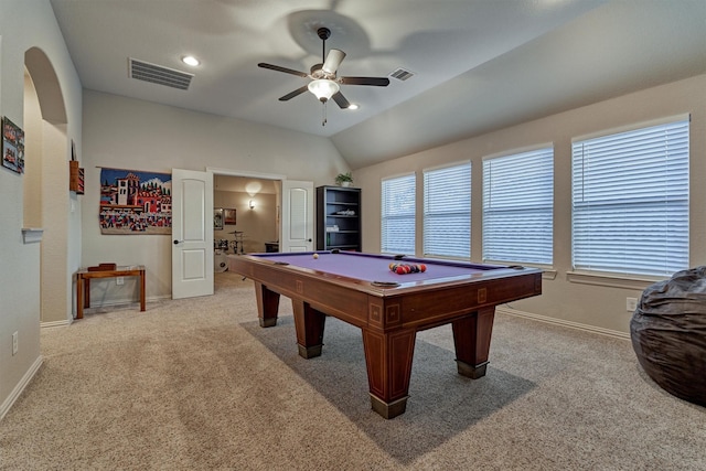 recreation room featuring carpet flooring, lofted ceiling, and billiards