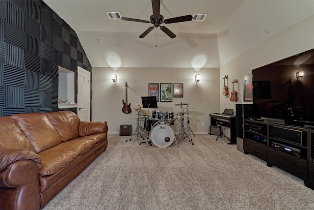 living room with light carpet, vaulted ceiling, and ceiling fan