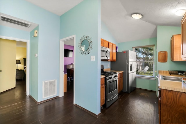 kitchen featuring sink, dark hardwood / wood-style floors, vaulted ceiling, and appliances with stainless steel finishes