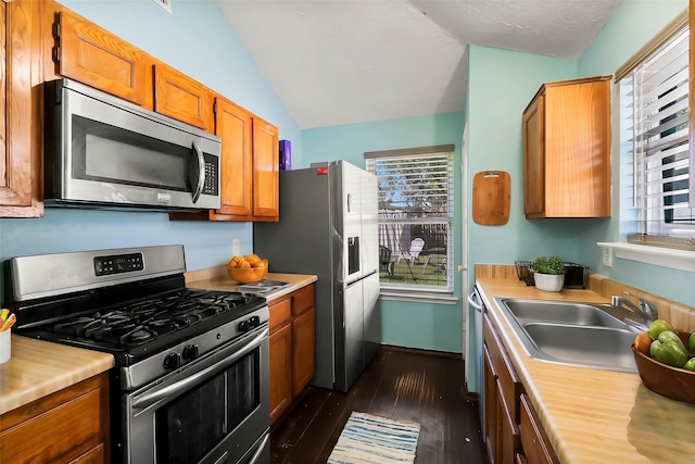 kitchen featuring dark hardwood / wood-style floors, sink, appliances with stainless steel finishes, and vaulted ceiling