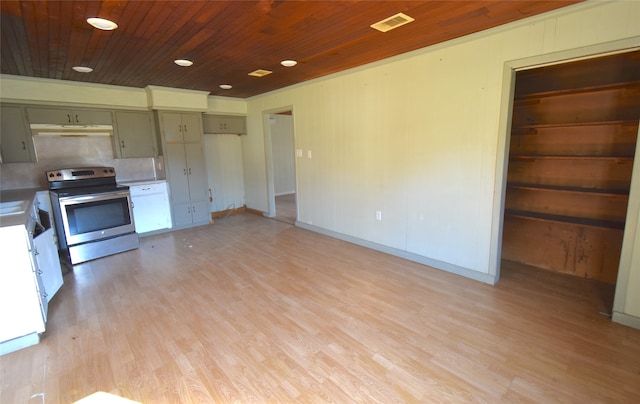 kitchen with electric range, backsplash, light hardwood / wood-style flooring, and wood ceiling