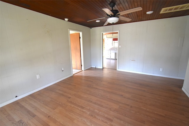 spare room with hardwood / wood-style flooring, ceiling fan, wooden ceiling, and wood walls