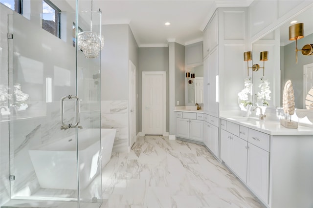 bathroom featuring a notable chandelier, vanity, crown molding, and plus walk in shower