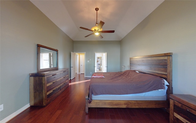 bedroom featuring ceiling fan, lofted ceiling, and dark wood-type flooring