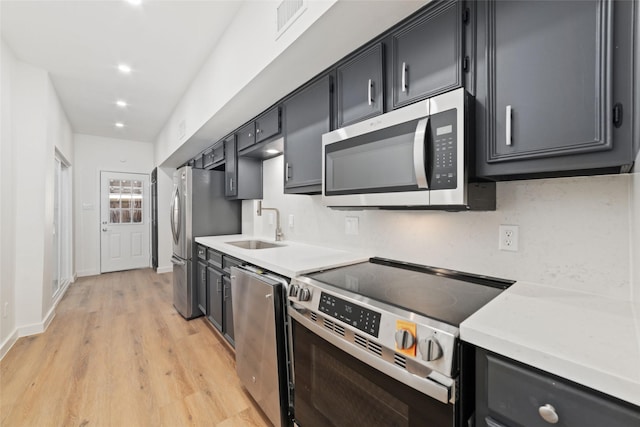 kitchen with sink, light wood-type flooring, and stainless steel appliances