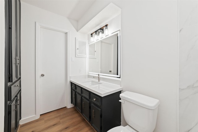 bathroom featuring toilet, vanity, and hardwood / wood-style flooring