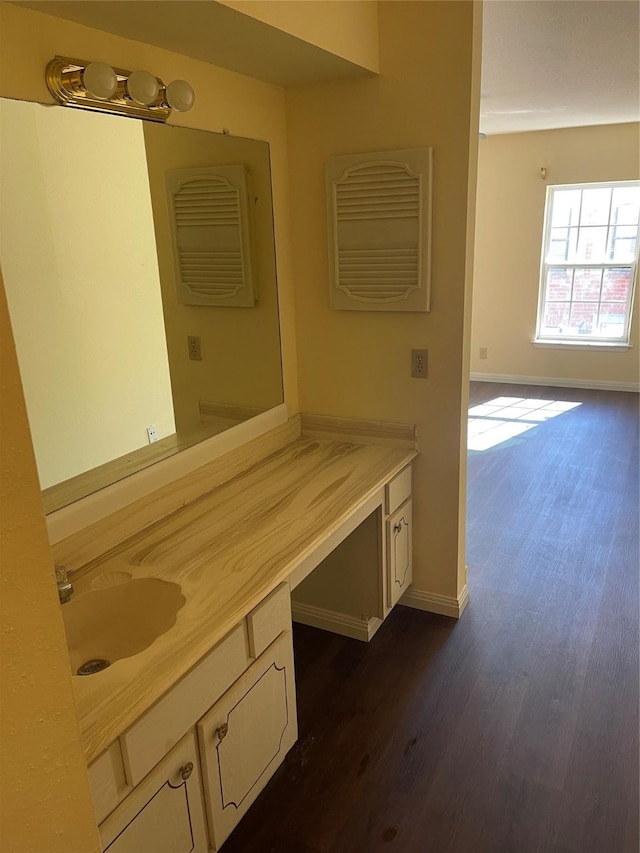 bathroom with vanity and wood-type flooring