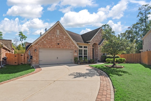 view of front of house with a front yard and a garage