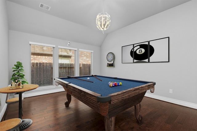 game room featuring dark hardwood / wood-style flooring, billiards, and vaulted ceiling