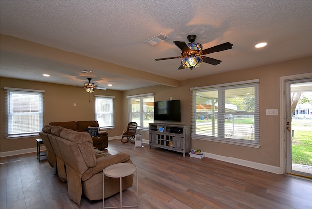 living room with dark hardwood / wood-style flooring and a wealth of natural light